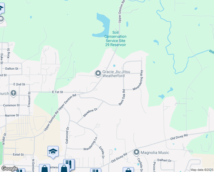 map of restaurants, bars, coffee shops, grocery stores, and more near 920 Upper Denton Road in Weatherford