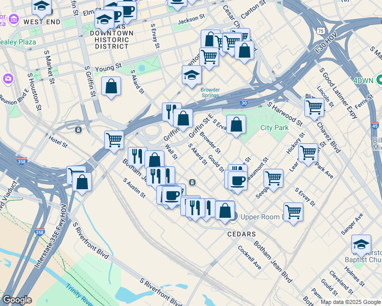 map of restaurants, bars, coffee shops, grocery stores, and more near 1221 Belleview Street in Dallas