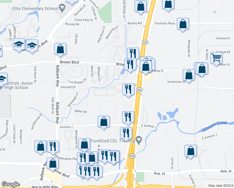 map of restaurants, bars, coffee shops, grocery stores, and more near 2410 Hollowridge Lane in Arlington