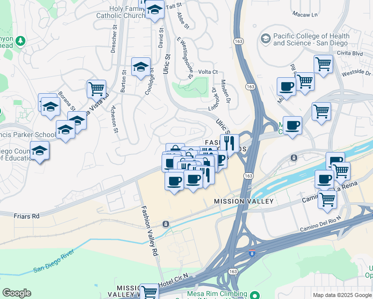 map of restaurants, bars, coffee shops, grocery stores, and more near 7263 Camino Degrazia in San Diego