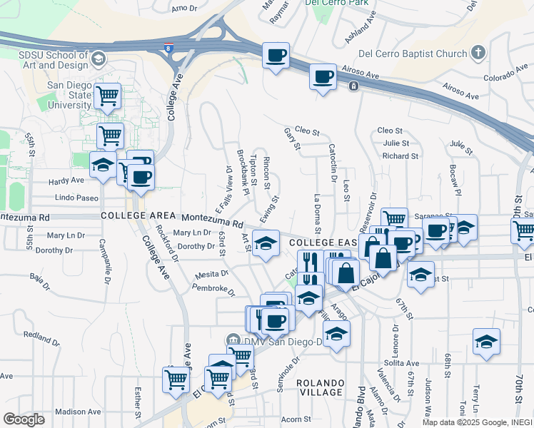 map of restaurants, bars, coffee shops, grocery stores, and more near 5119 Ewing Street in San Diego