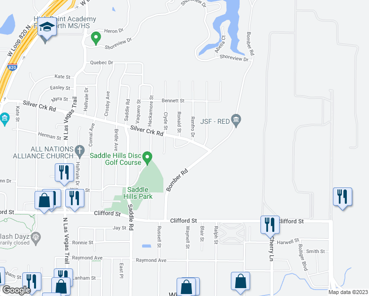 map of restaurants, bars, coffee shops, grocery stores, and more near 8109 Foxfire Lane in Fort Worth