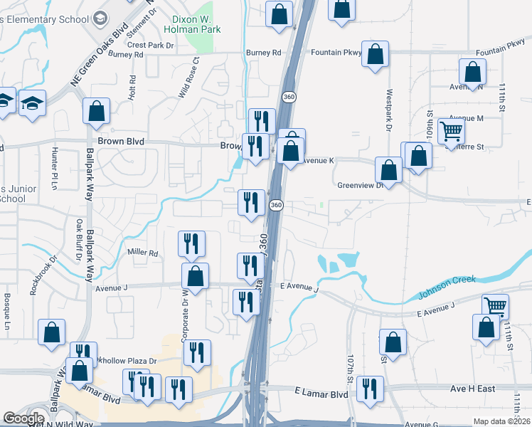 map of restaurants, bars, coffee shops, grocery stores, and more near 1301 North Watson Road in Arlington