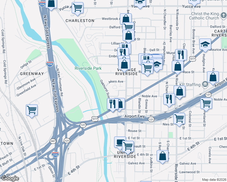 map of restaurants, bars, coffee shops, grocery stores, and more near 336 Oakhurst Scenic Drive in Fort Worth