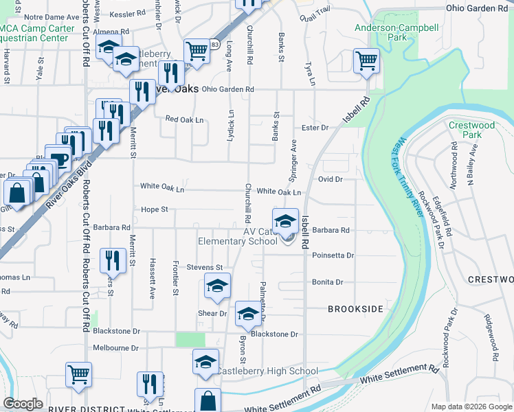 map of restaurants, bars, coffee shops, grocery stores, and more near 714 Churchill Road in River Oaks