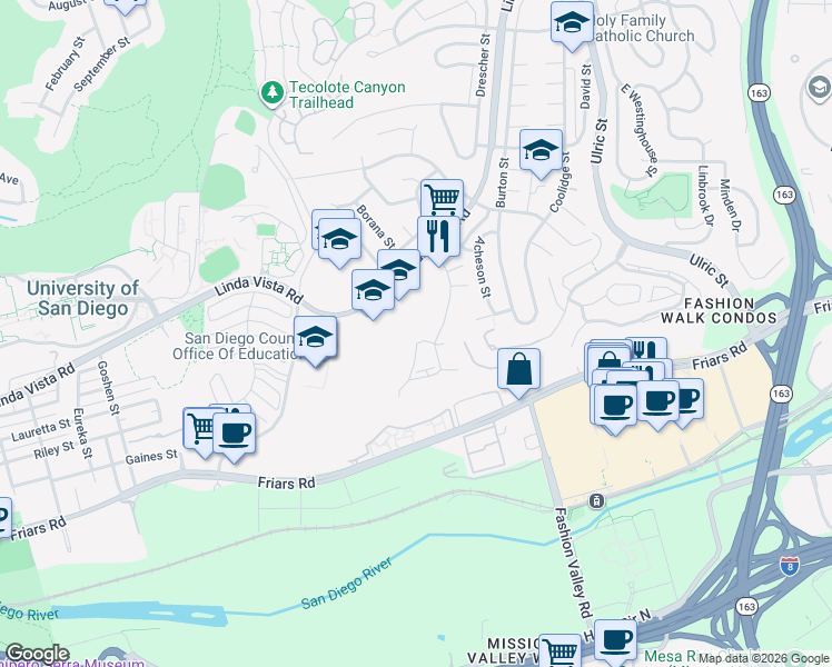 map of restaurants, bars, coffee shops, grocery stores, and more near 1262 River Glen Row in San Diego