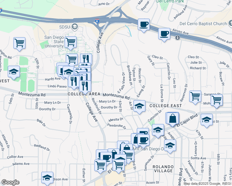 map of restaurants, bars, coffee shops, grocery stores, and more near 6219 Montezuma Road in San Diego