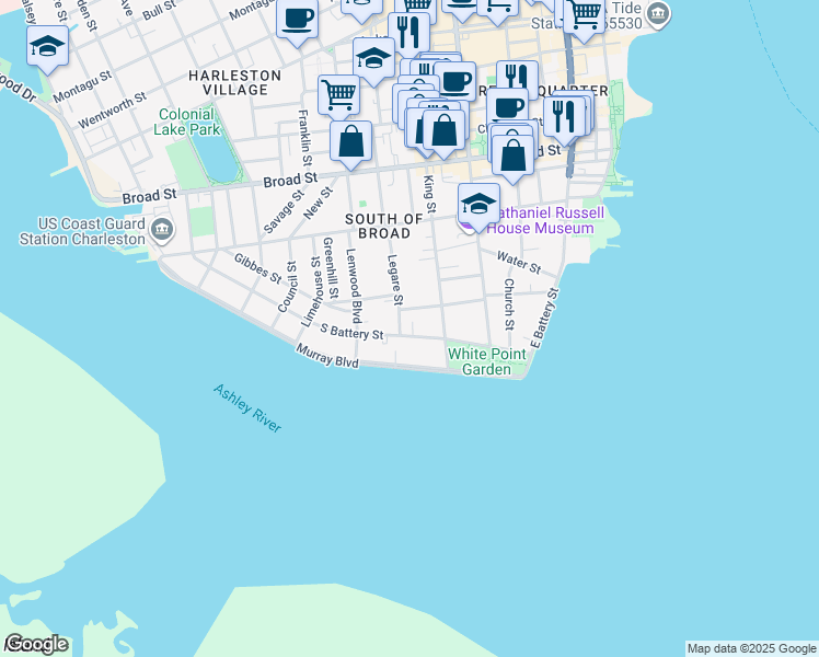 map of restaurants, bars, coffee shops, grocery stores, and more near 52 South Battery in Charleston
