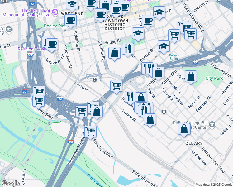 map of restaurants, bars, coffee shops, grocery stores, and more near South Lamar Street in Dallas