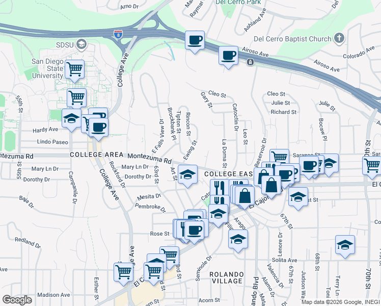 map of restaurants, bars, coffee shops, grocery stores, and more near 5119 Ewing Street in San Diego
