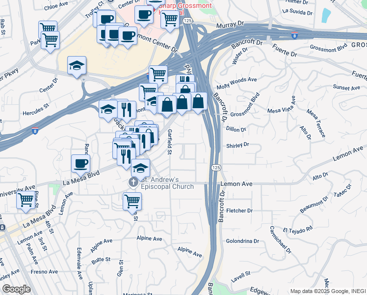 map of restaurants, bars, coffee shops, grocery stores, and more near 5031 Linden Way in La Mesa