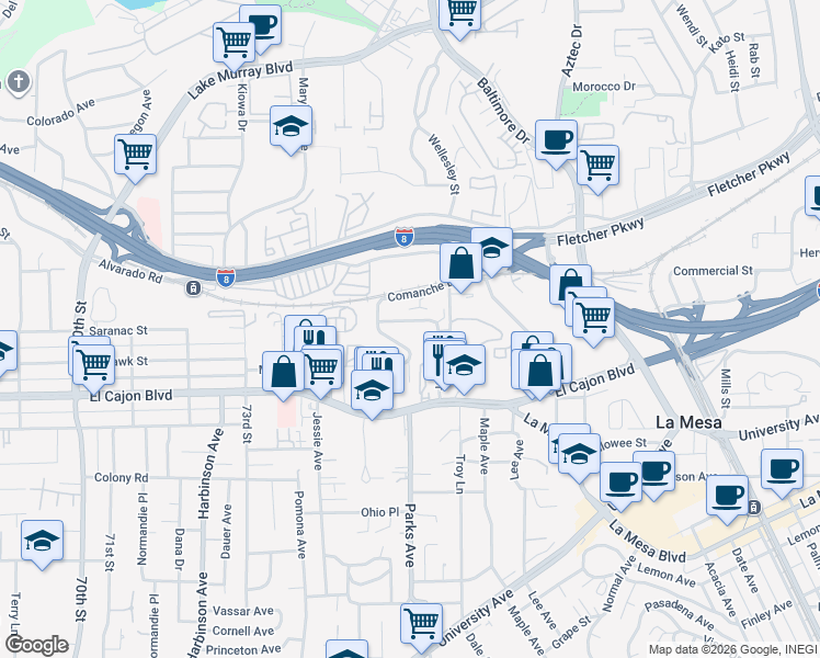 map of restaurants, bars, coffee shops, grocery stores, and more near 5040 Comanche Drive in La Mesa