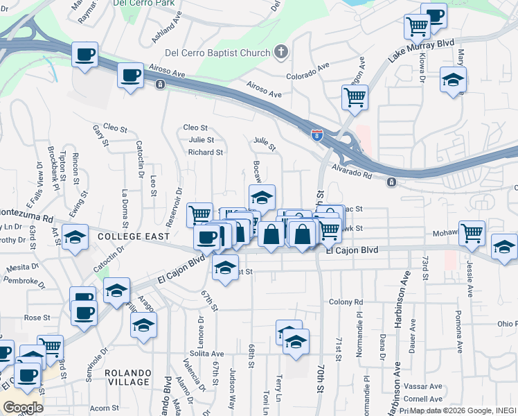 map of restaurants, bars, coffee shops, grocery stores, and more near 6880 Mohawk Street in San Diego
