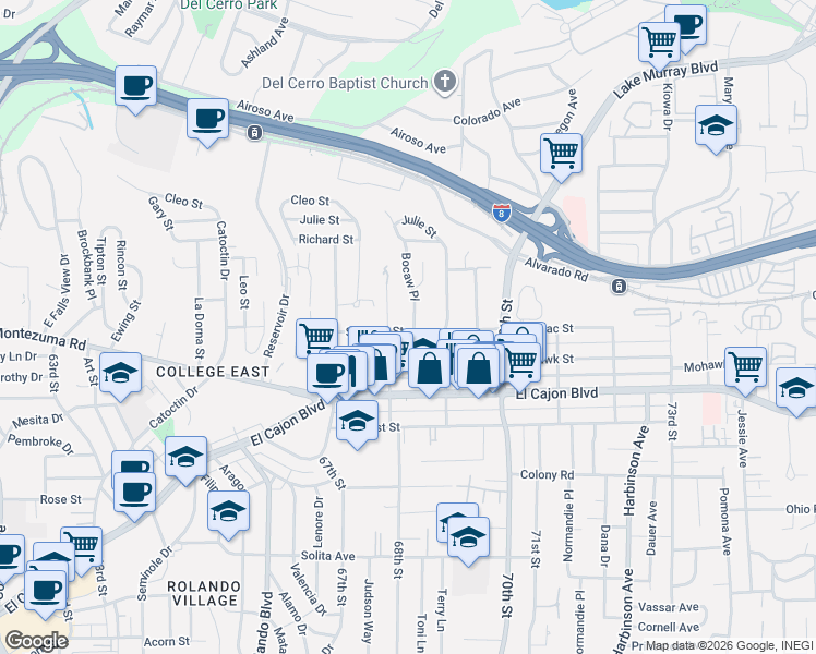 map of restaurants, bars, coffee shops, grocery stores, and more near 6880 Mohawk Street in San Diego