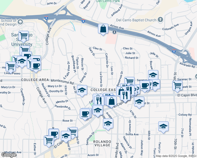 map of restaurants, bars, coffee shops, grocery stores, and more near 5045 Gary Street in San Diego