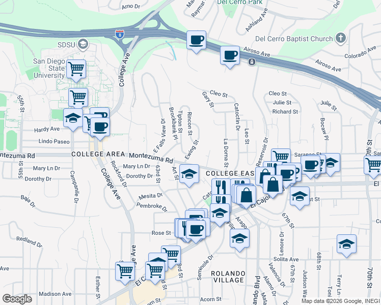 map of restaurants, bars, coffee shops, grocery stores, and more near 5119 Ewing Street in San Diego