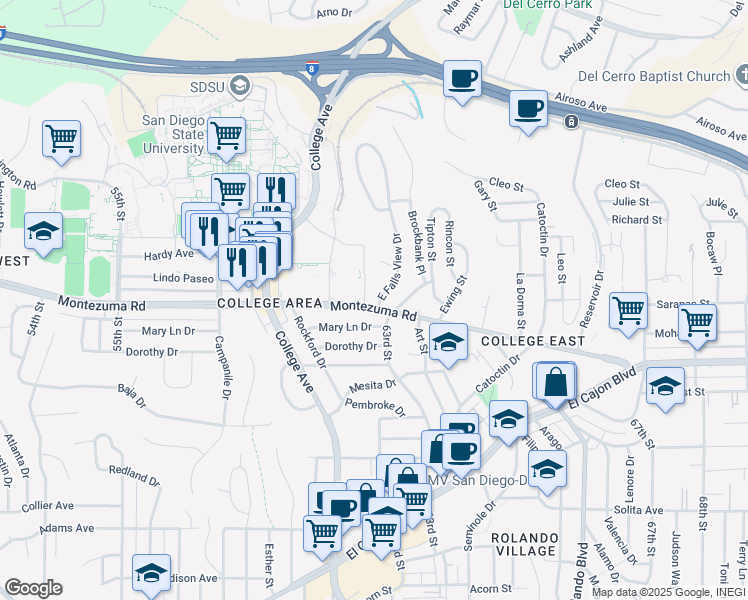map of restaurants, bars, coffee shops, grocery stores, and more near 6219 Montezuma Road in San Diego