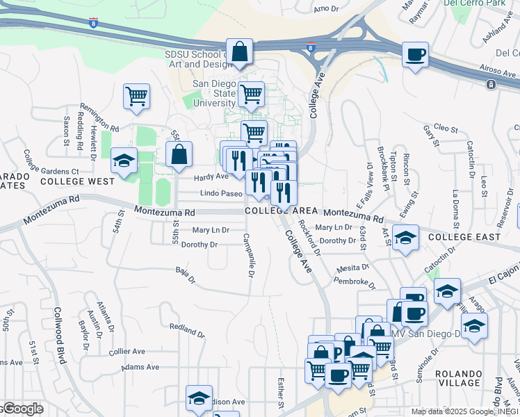map of restaurants, bars, coffee shops, grocery stores, and more near in San Diego