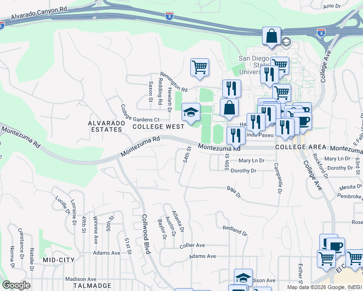 map of restaurants, bars, coffee shops, grocery stores, and more near 5056 Faber Way in San Diego