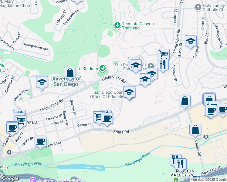 map of restaurants, bars, coffee shops, grocery stores, and more near 6367 Caminito Andreta in San Diego