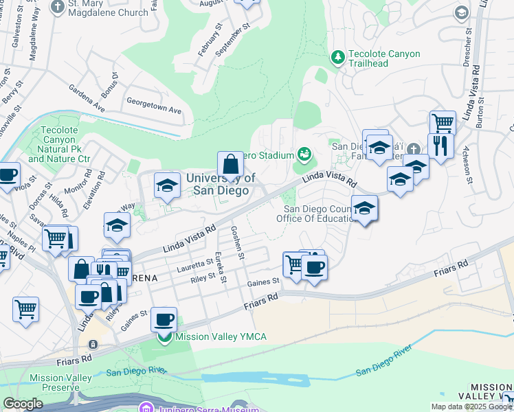 map of restaurants, bars, coffee shops, grocery stores, and more near 5935 Linda Vista Road in San Diego