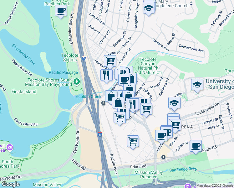 map of restaurants, bars, coffee shops, grocery stores, and more near 1255 West Morena Boulevard in San Diego