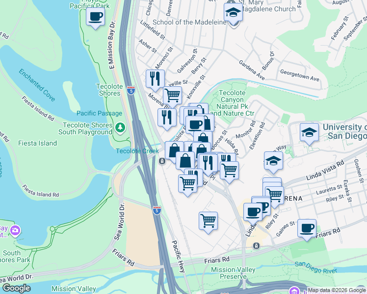 map of restaurants, bars, coffee shops, grocery stores, and more near 1255 West Morena Boulevard in San Diego