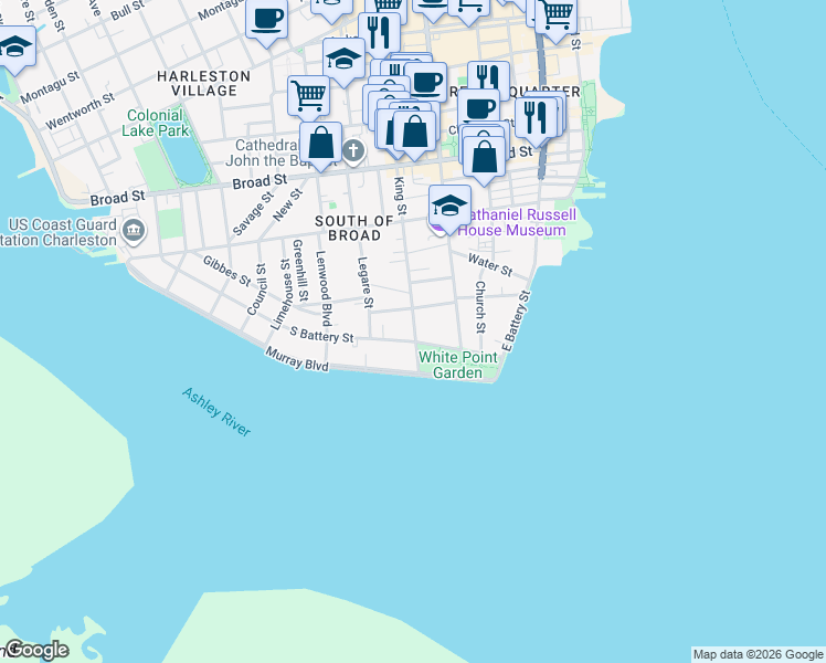 map of restaurants, bars, coffee shops, grocery stores, and more near 36 South Battery in Charleston
