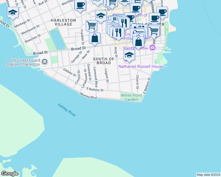 map of restaurants, bars, coffee shops, grocery stores, and more near 51 South Battery in Charleston