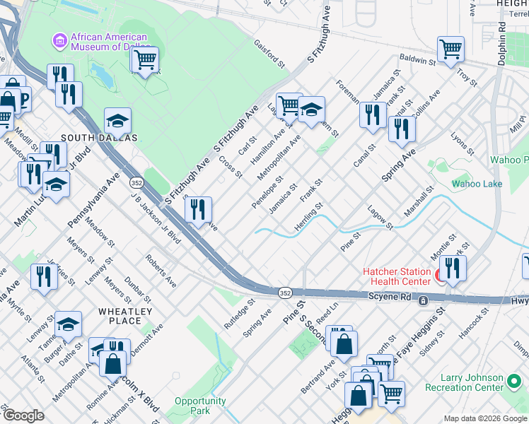 map of restaurants, bars, coffee shops, grocery stores, and more near 3635 Frank Street in Dallas