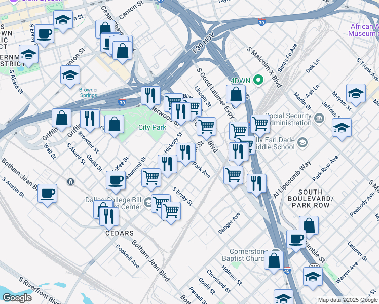 map of restaurants, bars, coffee shops, grocery stores, and more near 1900 Corinth Street in Dallas