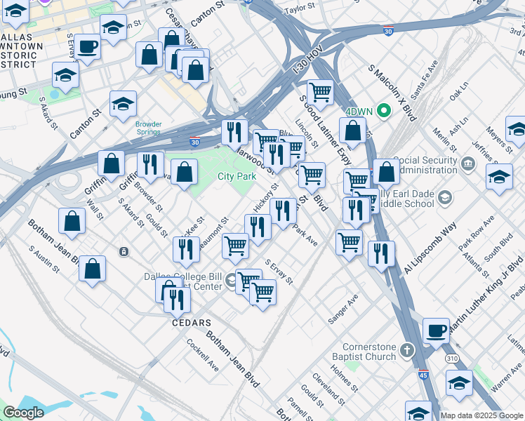 map of restaurants, bars, coffee shops, grocery stores, and more near 1823 Lear Street in Dallas