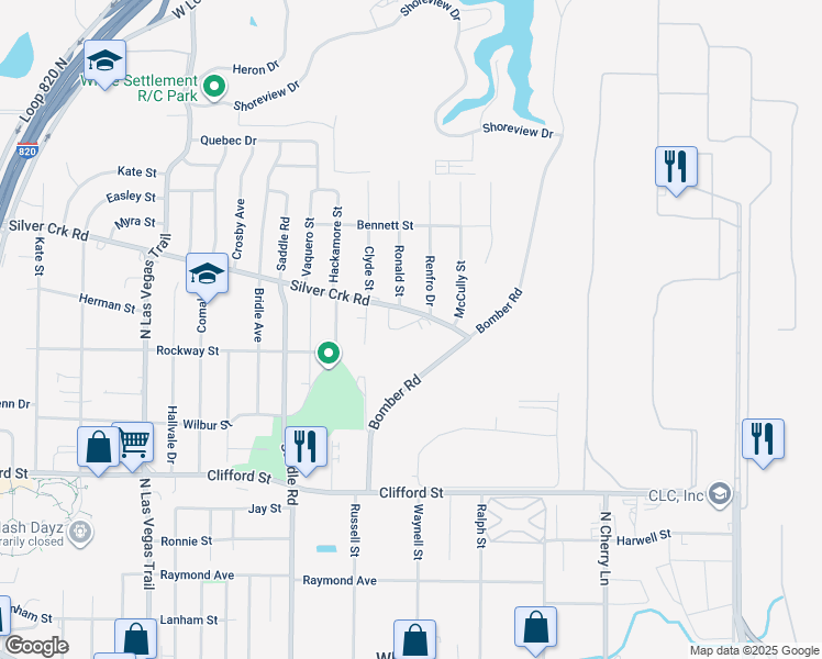 map of restaurants, bars, coffee shops, grocery stores, and more near 8105 Foxfire Lane in White Settlement