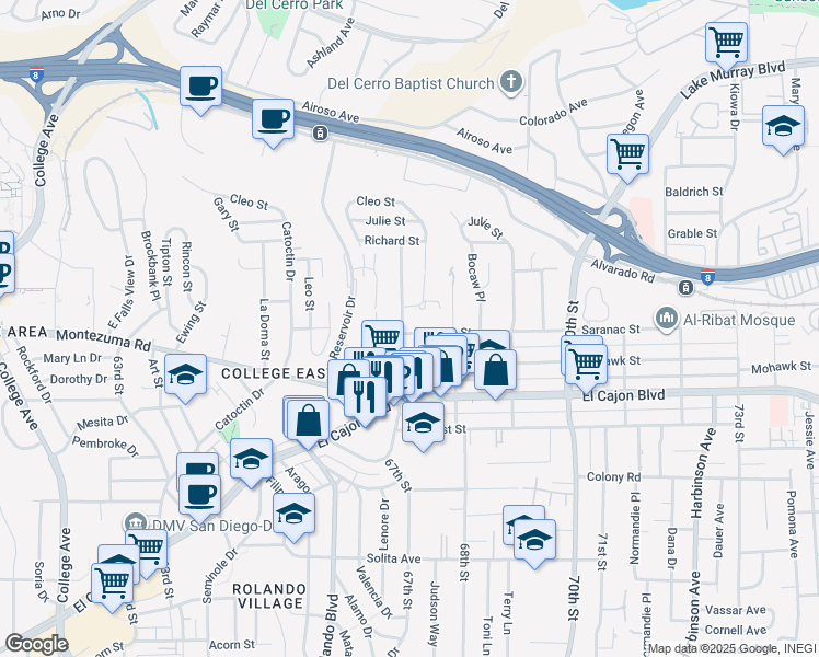 map of restaurants, bars, coffee shops, grocery stores, and more near 5040 1/2 67th Street in San Diego