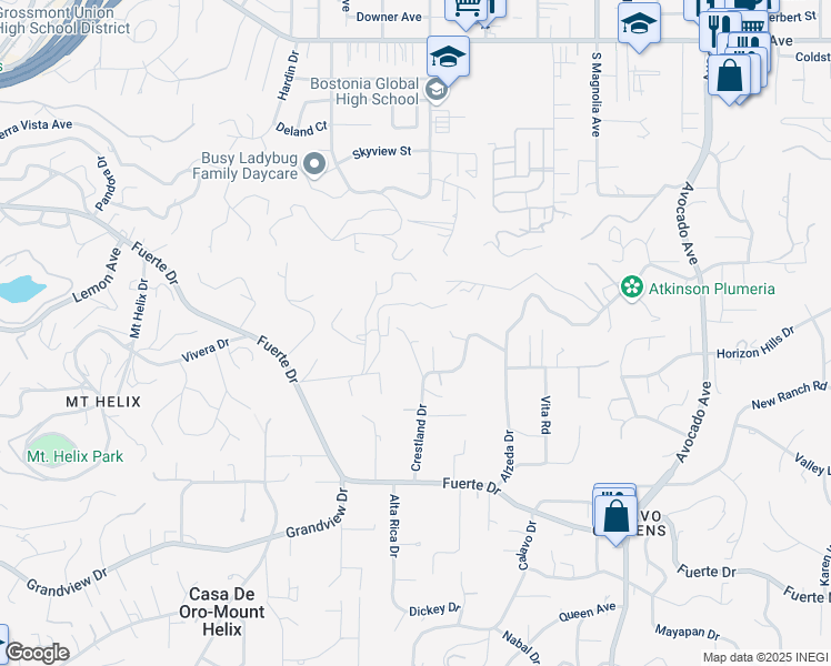map of restaurants, bars, coffee shops, grocery stores, and more near 5037 Crestland Drive in La Mesa