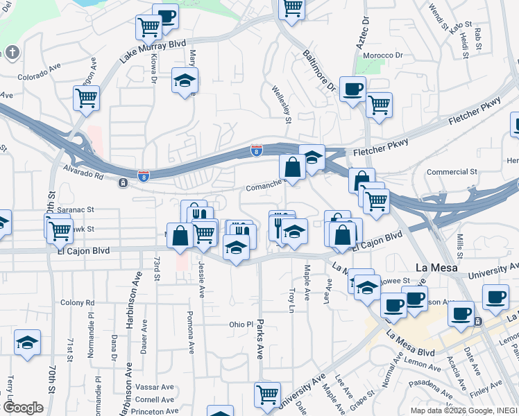 map of restaurants, bars, coffee shops, grocery stores, and more near 5040 Comanche Drive in La Mesa