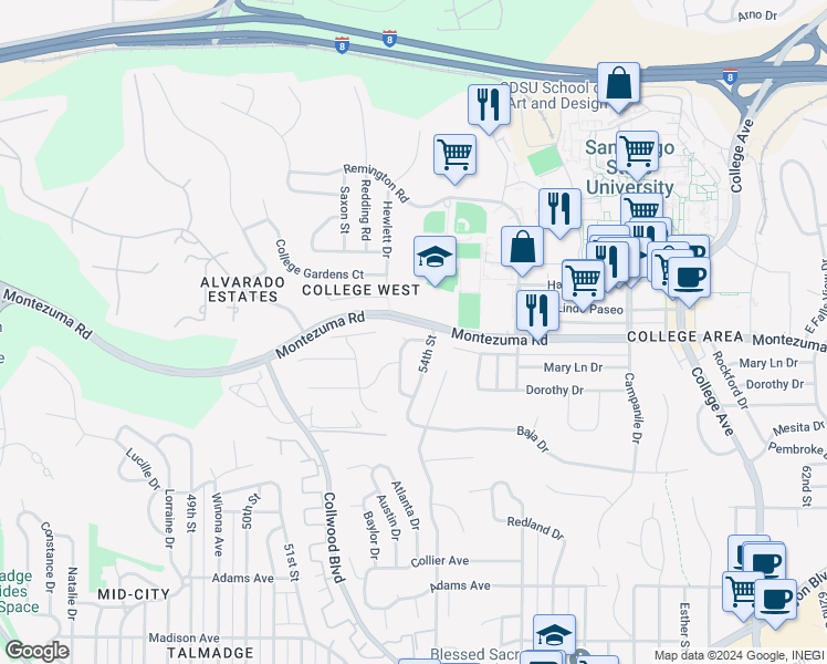 map of restaurants, bars, coffee shops, grocery stores, and more near 5056 Faber Way in San Diego