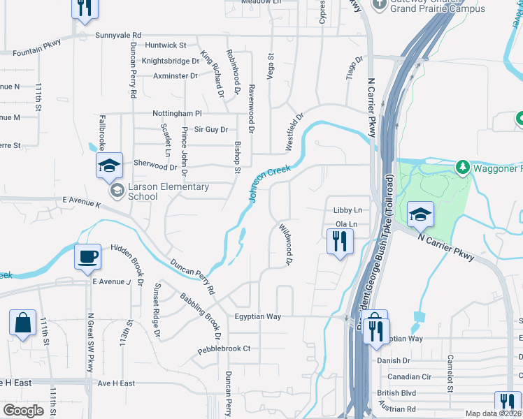 map of restaurants, bars, coffee shops, grocery stores, and more near 2005 Wildwood Drive in Grand Prairie