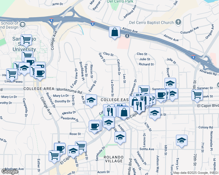 map of restaurants, bars, coffee shops, grocery stores, and more near 5045 Gary Street in San Diego