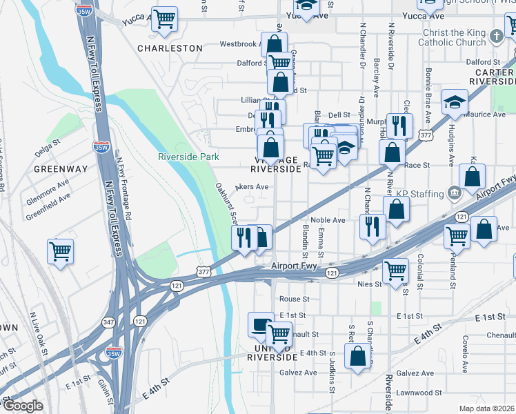 map of restaurants, bars, coffee shops, grocery stores, and more near 2501 Marshall Avenue in Fort Worth