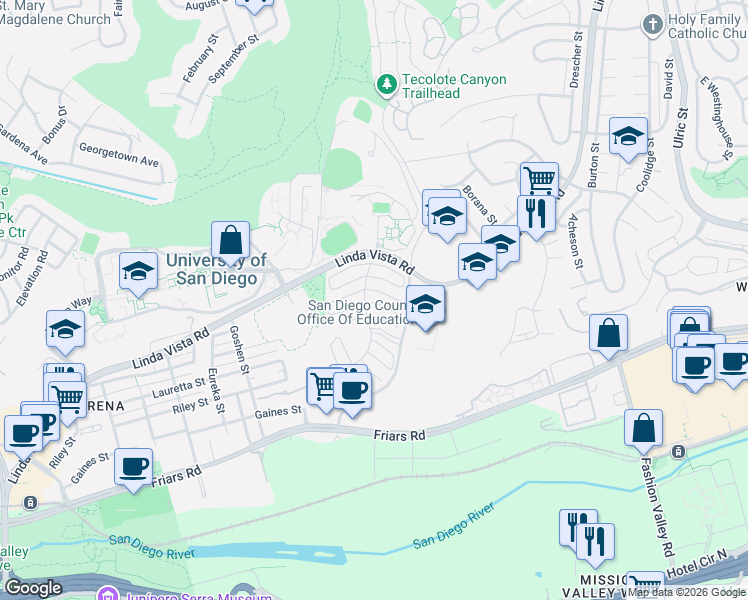map of restaurants, bars, coffee shops, grocery stores, and more near 6367 Caminito Andreta in San Diego