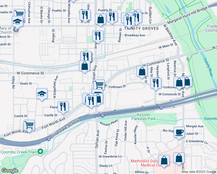 map of restaurants, bars, coffee shops, grocery stores, and more near 666 Yorktown Street in Dallas