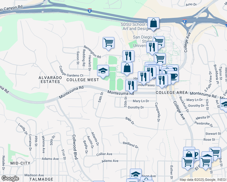 map of restaurants, bars, coffee shops, grocery stores, and more near 5420 Montezuma Road in San Diego