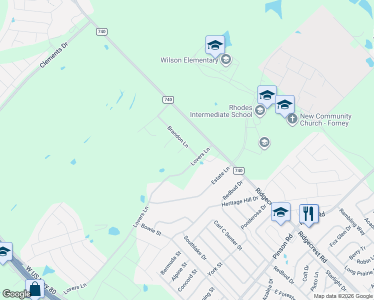 map of restaurants, bars, coffee shops, grocery stores, and more near 31 Lovers Lane in Forney