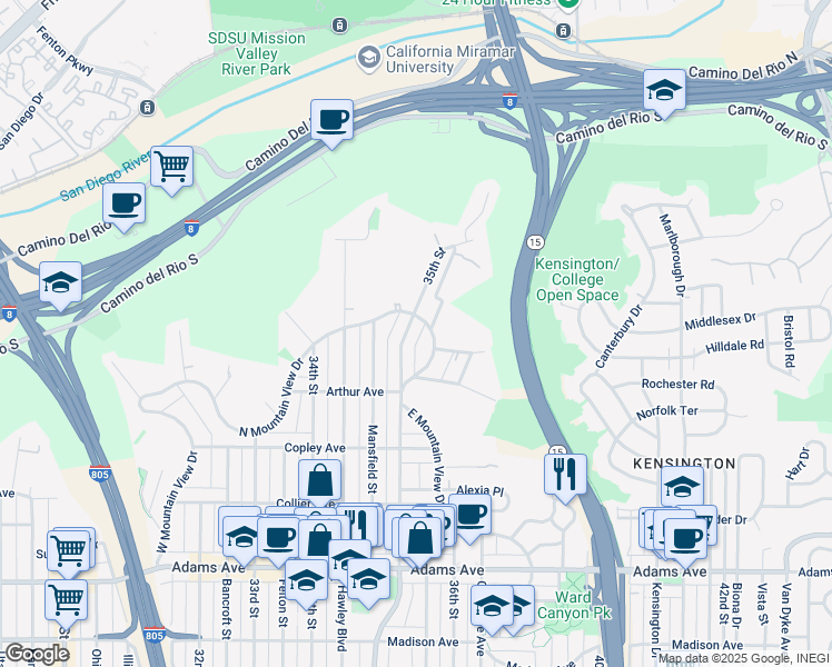 map of restaurants, bars, coffee shops, grocery stores, and more near 5075-77 35th Street in San Diego
