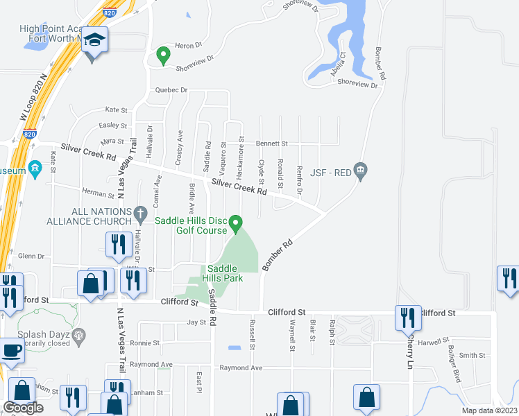 map of restaurants, bars, coffee shops, grocery stores, and more near 719 Lariat Lane in White Settlement