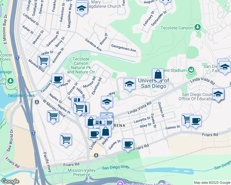 map of restaurants, bars, coffee shops, grocery stores, and more near 5637 Marian Way in San Diego