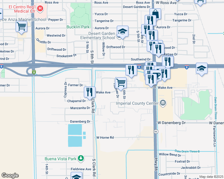 map of restaurants, bars, coffee shops, grocery stores, and more near 650 Wake Avenue in El Centro