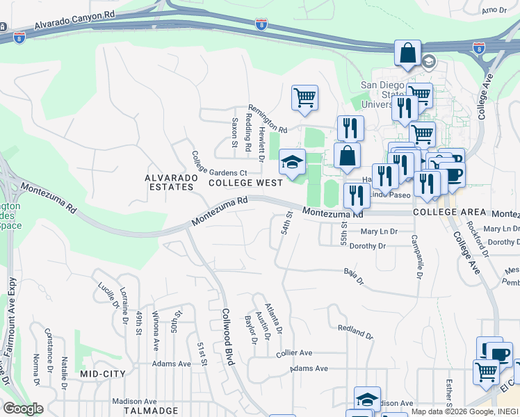map of restaurants, bars, coffee shops, grocery stores, and more near 5295 Joan Court in San Diego