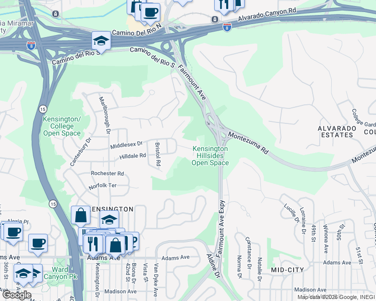 map of restaurants, bars, coffee shops, grocery stores, and more near 4470 Braeburn Road in San Diego